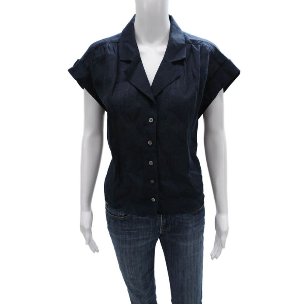 Veronica Beard Women Linen Collared Short Sleeve Button-Up Blue Size M